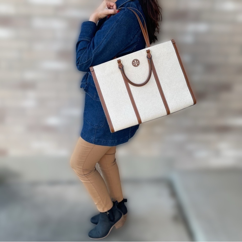 Tory Burch Blake Jumbo Tote Bag Canvas Leather Trim Neutral Cream Brown Cuoio - Picture 8 of 8